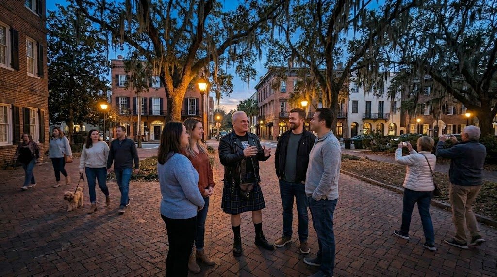Patrick Burns leading guests through a Savannah square at dusk
